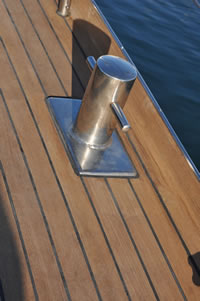 A cleat on the teak deck