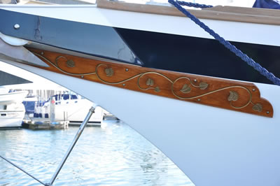 Carved wood detail on the bow